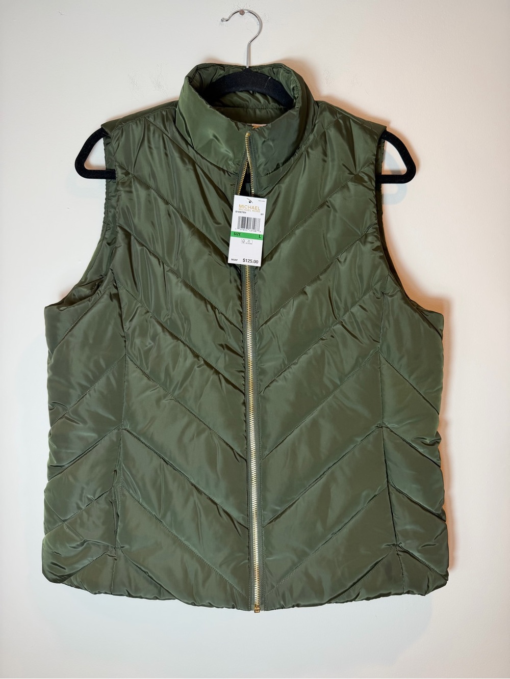 Michael Kors Olive Green Quilted Puffer Vest with Gold Hardware NWT Size Large